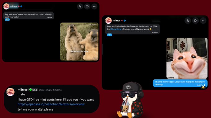 A collage of three Discord screenshots from "mirror" showing the user securing a collab, receiving a free mint for the "GTD" list (uncomplicated NFT drop), and offering free mint spots to fellow Analóg holders, accompanied by humorous animal reaction images—one capturing the exact meme referenced in the post praising the founder's generosity toward their community.
