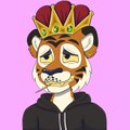 A cartoon illustration of a tiger-like character wearing a gold crown and black hoodie, grinning with glowing eyes against a pink background.