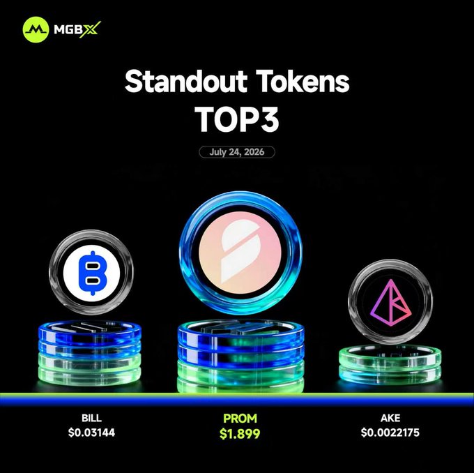 A promotional graphic from MGBX titled "Standout Tokens TOP3" dated July 24, 2026, displays three cryptocurrency tokens: BILL at $0.03144, PROM at $1.899, and AKE at $0.0022175.