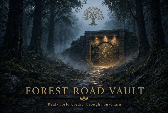 A digital artwork titled 'FOREST ROAD VAULT' with the tagline 'Real-world credit, brought on-chain,' featuring a glowing vault door in a misty forest with an Ethereum logo and tree symbol.