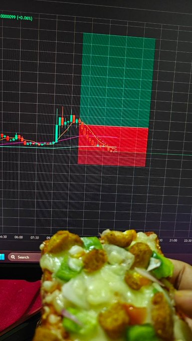 A trading chart showing a sharp downward price move with red and green zones, with a partially eaten pizza held up in the foreground.