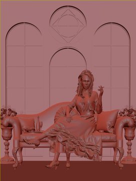 A monochromatic reddish-pink 3D-style artwork of a woman sitting on an ornate couch in a room with large arched windows.