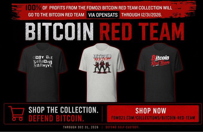 A promotional graphic for the Bitcoin Red Team merchandise collection, advertising that 100% of profits go to the Bitcoin Red Team via OpenSats through 12/31/2026, featuring three t-shirt designs.