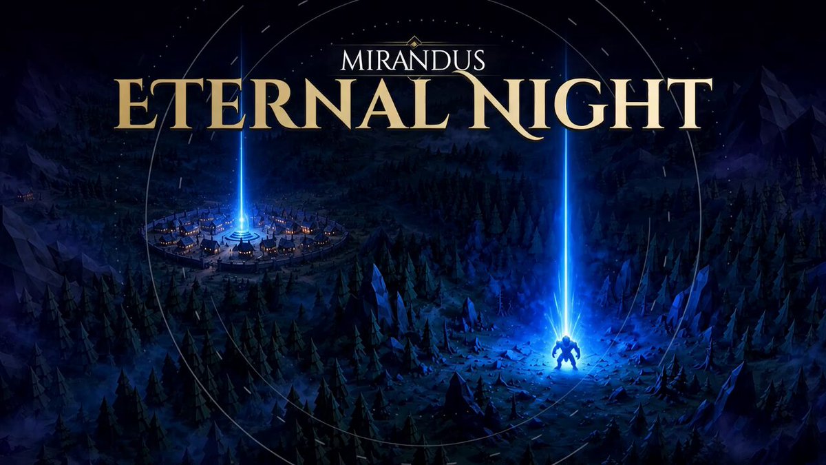 The image features a poster for the video game "Mirandus Eternal Night" with two characters from the game standing next to each other against a dark blue background. The text on the poster reads "Mirandus Eternal Night". The poster also includes a description of the game, stating that it is a multiplayer online roleplaying game (MORPHAN) and that players can be rewarded for their efforts in the game with a 500 GUSDC bounty to help them fight against the darkness.