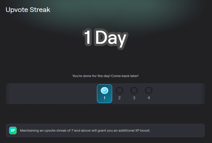 The image displays an "Upvote Streak" screen showing "1 Day" with a message "You're done for the day! Come back later!" and a progress tracker highlighting day 1, noting that streaks of 7+ earn an XP boost. This ties into the post's reminder to upvote your favorite app daily on the Portal to maintain your streak.