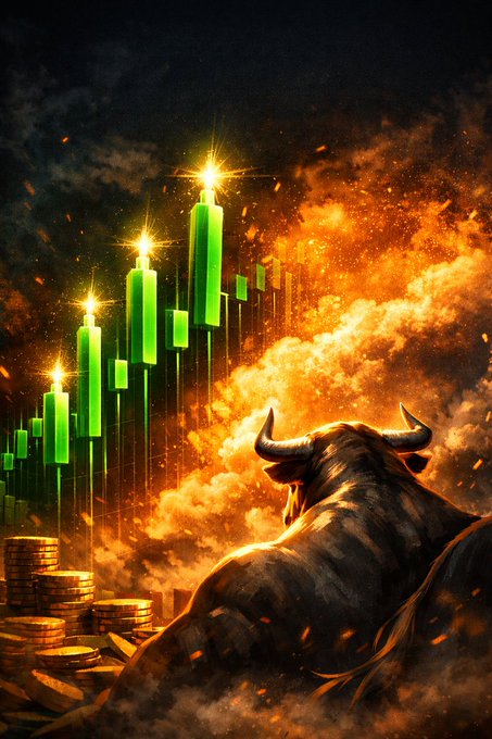 A dramatic illustration featuring a powerful bull surrounded by fire and coins, with green candlestick chart bars rising into the sky.