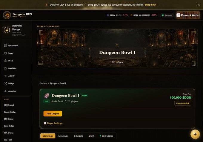 A screenshot of the Dungeon DEX Market Forge interface showing 'Dungeon Bowl I' as an open NFL pool with a 100,000 $DGN prize pool and a Join League button.