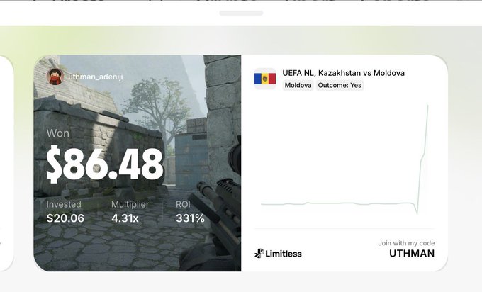 A promotional graphic showing a 'Won $86.48' trading bet by user 'uthman_adeniji' on the Limitless platform, detailing a 4.31x multiplier and 331% ROI for a UEFA Nations League match between Kazakhstan and Moldova.