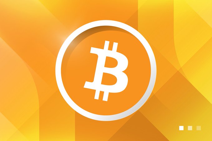 Bitcoin logo displayed on a white circular badge over an orange and yellow geometric background.