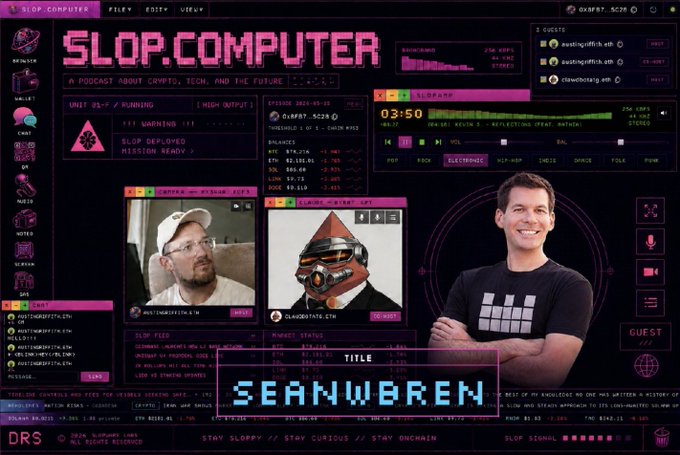 A retro cyberpunk-style podcast interface for 'SLOP.COMPUTER - A PODCAST ABOUT CRYPTO, TECH, AND THE FUTURE' featuring a guest titled 'SEANWOBREN'.