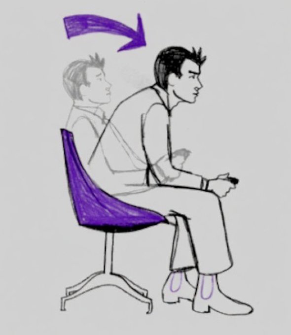 A hand-drawn sketch demonstrating good sitting posture, showing a figure properly positioned on a purple chair with an arrow indicating proper forward alignment.