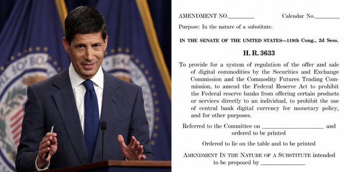 Speaker of the House Paul Ryan stands at a podium beside a copy of H.R. 3633, a 119th Congress bill proposing to amend the Federal Reserve Act to prohibit Federal Reserve banks from offering digital currency products directly to individuals for monetary policy purposes.