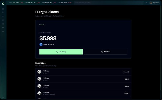 A dark-themed interface showing a FLIPgo Balance wallet with $5.998 in USDC, featuring 'Add money' and 'Withdraw' buttons, along with a list of recent tips received from a user named Meton.