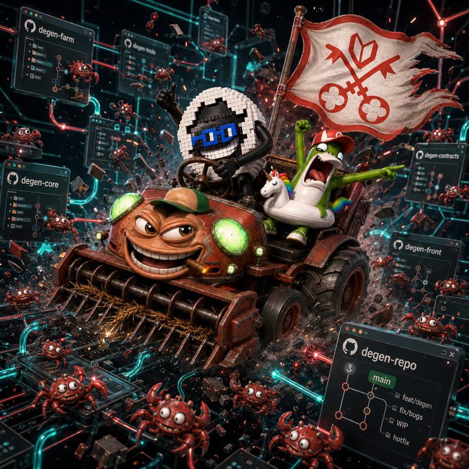 The image features a cartoon character driving a tractor with a robot on its back. The character appears to be wearing a hat and has a big smile on their face as they drive through an environment filled with various insects, including spiders and crabs. The background of the image is black, which contrasts with the colorful characters and insects in the foreground.

The post that accompanies this image reads: "I genuinely believe @smolekoma / $TACHI remains massively undervalued considering everything that has already been built across the @base ecosystem". This statement suggests that the creator of the image might be expressing their appreciation for the character's design and the overall aesthetic of the project.