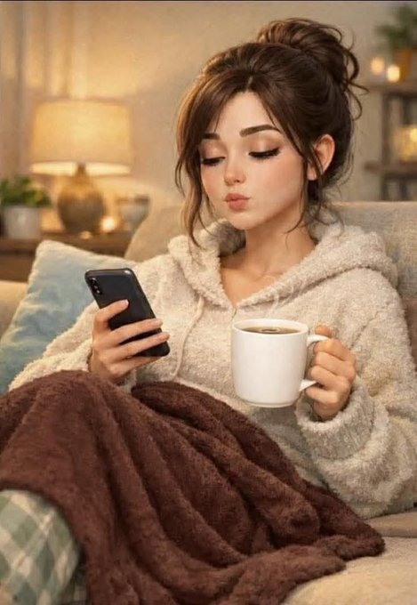 An illustrated portrait of a young woman with brown hair in a bun, wearing a cream-colored fluffy hoodie and wrapped in a brown blanket, holding a smartphone in one hand and a white mug in the other.