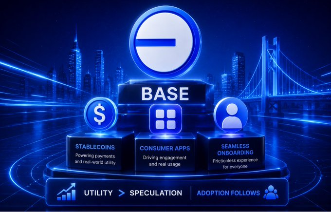 The image features a blue background with a white circle containing a dollar sign and an arrow pointing downwards. Below this, there are three stacked cubes labeled "Base", "Stalecoin", and "Consumer Apps" along with some text about the different types of coins available on the platform. The post also includes a list of activities that users can engage in, such as building stablecoins, using consumer apps, and onboarding new users for the platform.