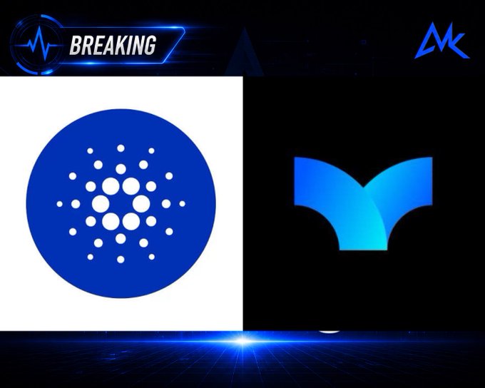 A graphic displaying 'BREAKING' news with logos for Cardano (ADA) on the left and another blue 'Y'-shaped logo on the right.