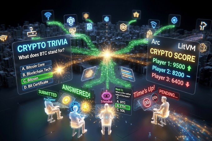 Futuristic 'Crypto Trivia' game graphic featuring AI silhouettes playing trivia with panels showing questions like 'What does BTC stand for?' (answer: C. Bitcoin), a Crypto Score leaderboard with Arc and LitVM, and countdown timers.