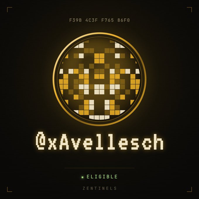 A digital badge or credential featuring a pixelated gold smiley face design with the text "0xAvellesch," an identifier "F39B 4C3F F765 86F0," and an "ELIGIBLE" status under "ZENTINELS."
