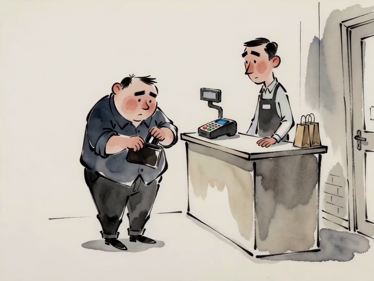 The image features a cartoon scene of two men at a cash register. One man is standing behind the counter with his hands on his hips, while the other man is sitting down next to him. The cartoon depicts an overweight man who is trying to pay for something using a credit card or a check. The post suggests that the viewer should use self-custody and be in control of their own money instead of relying on others.