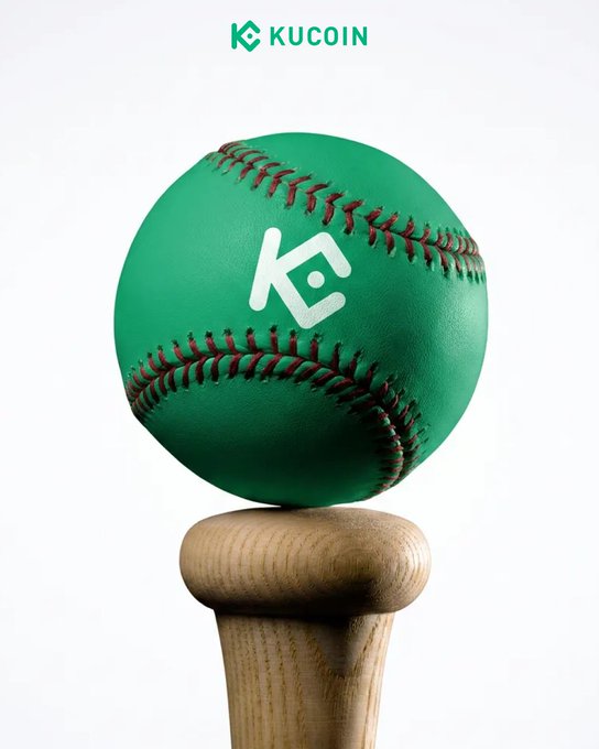 A green baseball featuring the KuCoin logo rests on a wooden bat tee, symbolizing how crypto trades—much like baseball—range from big wins to learning experiences. The KuCoin logo at the top reinforces the brand connection to the post's message about trading outcomes.