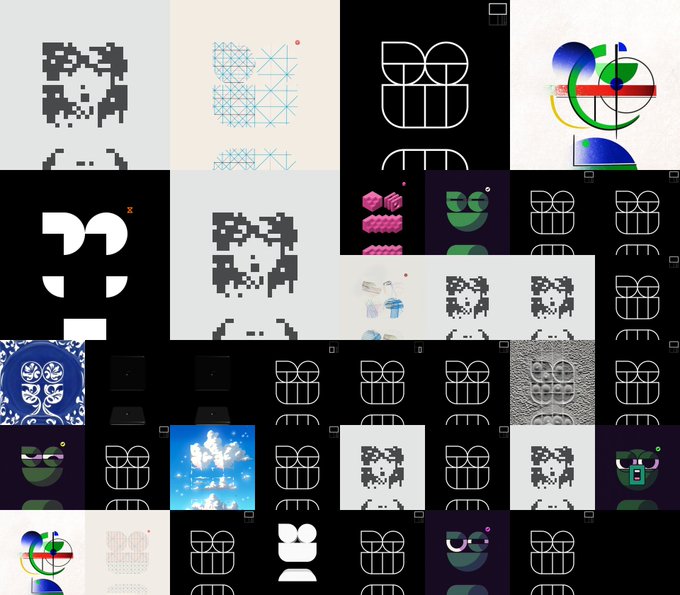 A collage of various graphic design elements including pixel art figures, geometric line drawings, logo concepts, and small character mascots on black and white backgrounds.