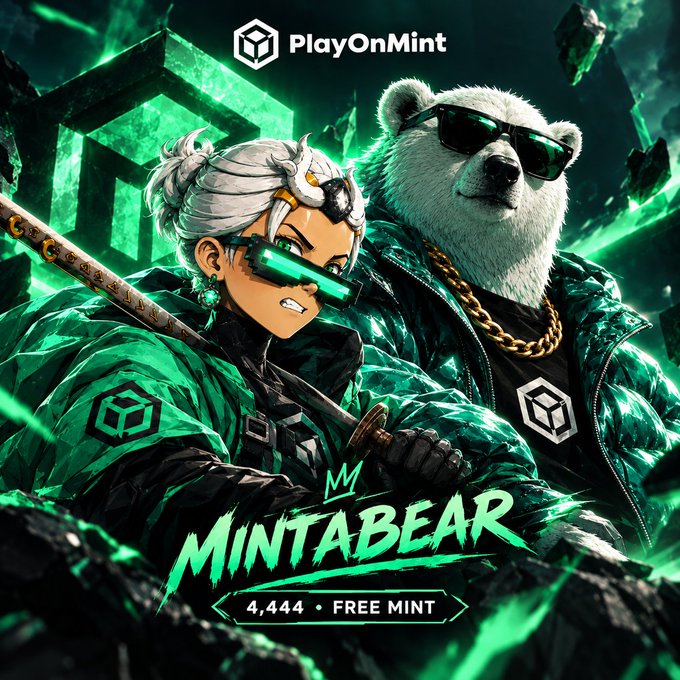 A PlayOnMint NFT promotional graphic featuring an anime-style character with a green visor and a bear wearing sunglasses in matching green jackets, with text reading 'PlayOnMint', 'MINTABEAR', and '4,444 • FREE MINT'.
