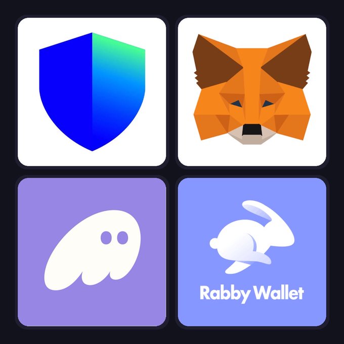 A 2x2 grid of crypto-themed app icons featuring a blue shield, an orange geometric fox face (MetaMask), a white ghost on purple (Phantom), and a white rabbit logo with 'Rabby Wallet' text.