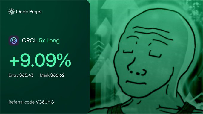 OndoPerps trading interface showing a CRCL 5x Long position with a +9.09% gain, entry price of $65.43 and mark price of $66.62, displayed alongside the Wojak meme character with referral code VG8UHG.