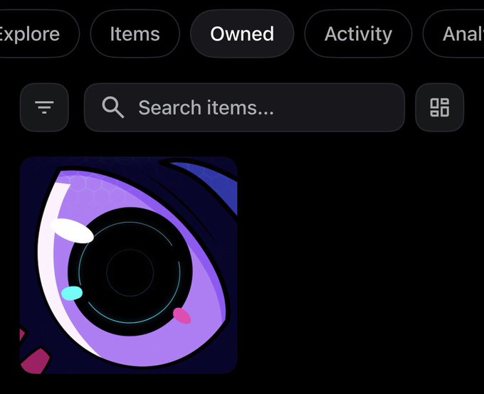 A dark-themed NFT marketplace interface with 'Explore', 'Items', 'Owned', and 'Activity' tabs above a search bar and a purple stylized eye graphic.