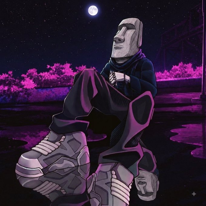 An anime-style digital illustration of a character with a Moai (Easter Island) head wearing a black hoodie, dark pants, and oversized futuristic sneakers, sitting under a full moon with pink-lit foliage in the background.
