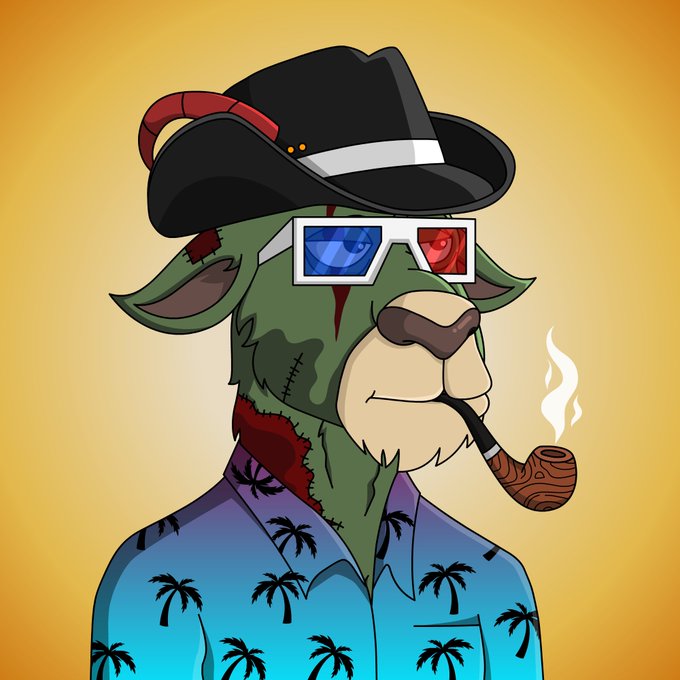 A cartoon illustration of a green wolf/bear character wearing a black cowboy hat, 3D glasses (one blue, one red), and a blue Hawaiian shirt with palm tree patterns, smoking a wooden pipe.