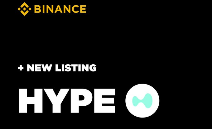 A black announcement image featuring the Binance logo at the top with "+ NEW LISTING" text, followed by the word "HYPE" in large white letters next to a circular icon with a light blue/mint design, confirming the listing of the HYPE cryptocurrency on Binance.