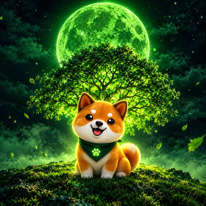 A cheerful cartoon Shiba Inu dog wearing a green bandana sits on grass beneath a tree, with a glowing green moon in the starry sky behind it.