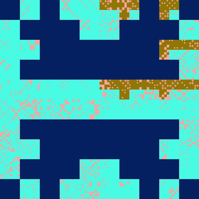 An abstract pixelated pattern composed of small squares in cyan, dark blue, pink, and olive green colors.