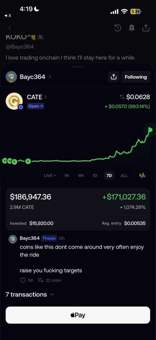 A screenshot of a social media profile page for user "Bayc364" showing a $186,947.36 portfolio gain (+1,074.29%) on the CATE token, with an initial investment of $15,920 and a quote about "raising you fucking targets." The post celebrates watching Bayc364's $15,000 CATE investment grow to $171,000 in just four days, serving as a FOMO-inducing example to encourage the trader "KOKO" to start live trading on the onchain platform.