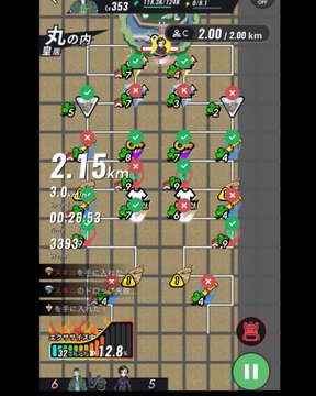 A STEPN Hunter Battle gameplay screenshot from Marunouchi on July 18, 2026 (Day 281), showing a 2.00/2.00 km distance completed in 2:15 with a pace of 3.0 and 3393 energy, while the player discusses future plans against "Kakeru," collecting liquid and Sokerep rewards, and seeking a sandstorm avoidance liquid as their 30th victory prize.