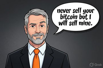 A cartoon illustration of a gray-haired man in a suit with an orange tie speaking in a speech bubble that reads 'never sell your bitcoin but I will sell mine.', with a Grok watermark in the corner.