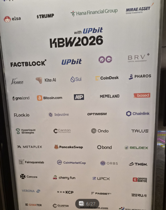 A sponsor board for "KBW2026 with UPbit" lists participating companies and brands including Kuna Industries, Hana Financial Group, Mirae Asset, Trump, CoinDesk, Sui, Chainlink, Optimism, PancakeSwap, and Bitcoin.com, displayed alongside the page number 6/27 from IntroCrypto.com. The image visually represents the speaker's attendance at the KBW 2026 conference by showcasing the wide array of notable crypto and finance sponsors backing the event.