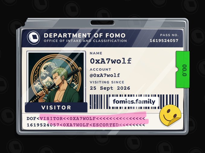A digital ID badge titled 'DEPARTMENT OF FOMO - OFFICE OF INTAKE AND CLASSIFICATION' for visitor 'OxA7wolf', featuring anime artwork, a barcode labeled 'fomies.family', and a smiley face emoji.
