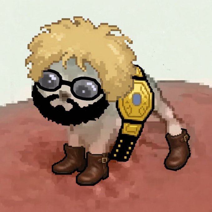 A pixel art drawing of a fluffy dog wearing dark sunglasses and a black championship-style belt, standing on brown boots against a plain background.