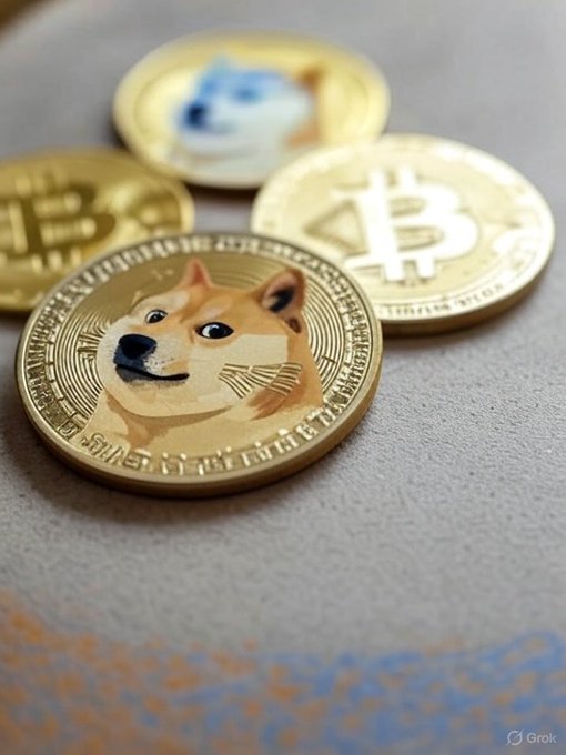 Several gold-colored physical cryptocurrency coins are shown on a gray surface, with one prominently featuring a Shiba Inu dog design—Dogecoin's iconic mascot—with Bitcoin-style coins visible in the background. The image directly illustrates the post's question about supporting Dogecoin, with the featured coin serving as a tangible symbol of the cryptocurrency being asked about.