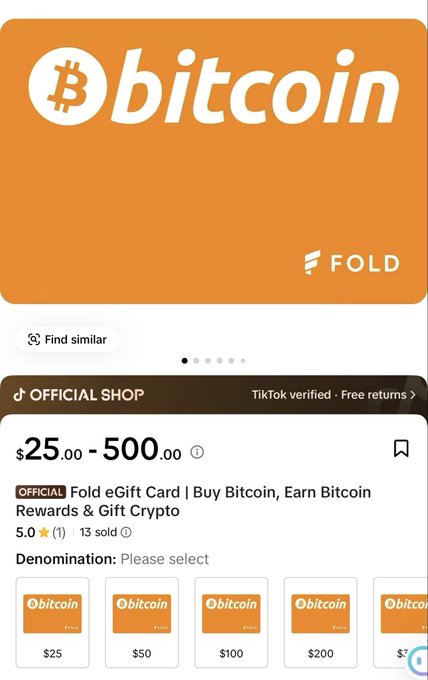 A TikTok Shop listing for an Official Fold eGift Card branded with the Bitcoin logo, priced $25.00-$500.00, from the bitcoin verified shop.
