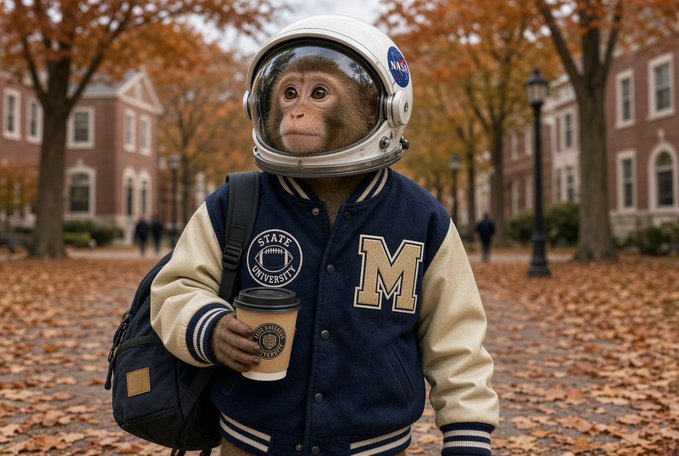 A monkey wearing a NASA astronaut helmet and a blue varsity jacket with an 'M' and 'STATE UNIVERSITY' patch, holding a coffee cup on an autumn campus.
