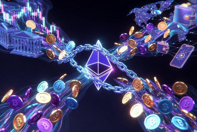 A vibrant digital illustration featuring a central Ethereum logo wrapped in a glowing chain, surrounded by floating Bitcoin and cryptocurrency coins, with a bank, charts, and data icons in the background.