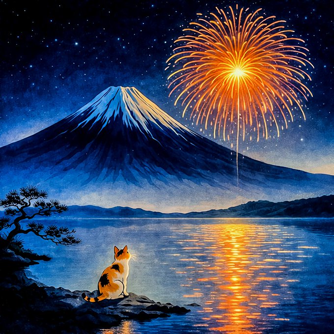 A watercolor-style nighttime scene depicts Mount Fuji beneath a brilliant orange fireworks display, with a calico cat sitting on the shore watching the golden reflections shimmer across the calm lake waters. The artwork, titled "Summer Reflections," is part of the "Simple Fuji Art" Collection posted on Tezos/Objkt for 0.9 xtz, with the cat's contemplative gaze perfectly complementing the post's theme of a fleeting summer night where silence and celebration become one.