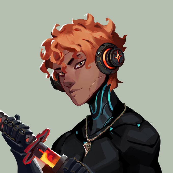 A digital illustration of a character with curly orange hair, wearing large headphones and a black suit, holding a glowing red sword.
