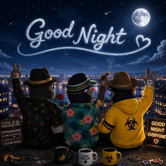 Stylized 'Good Night' illustration of three cartoon monkey characters on a rooftop overlooking a city skyline under a full moon, with neon-style writing in the sky, peace-sign gestures, and mugs labeled 'RELAX,' 'HIGH ROLLER,' and a biohazard symbol.