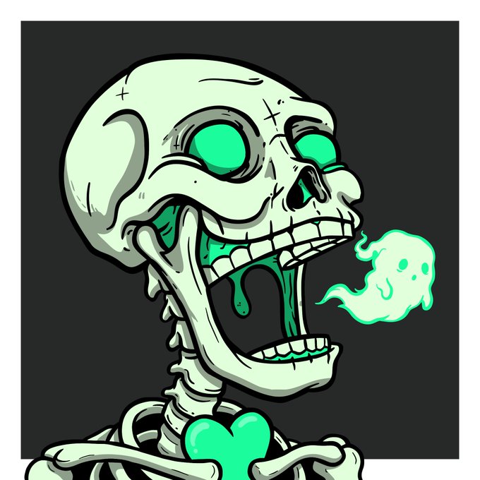 A cartoon illustration of a grinning green skeleton with glowing green eyes exhaling a small ghost-like wisp, featuring a bright green heart visible in its chest.