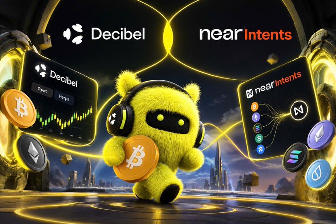 A promotional graphic featuring a fluffy yellow character holding a Bitcoin coin, with logos for "Decibel" (showing Spot and Perps trading charts) and "near Intents" alongside various cryptocurrency icons.